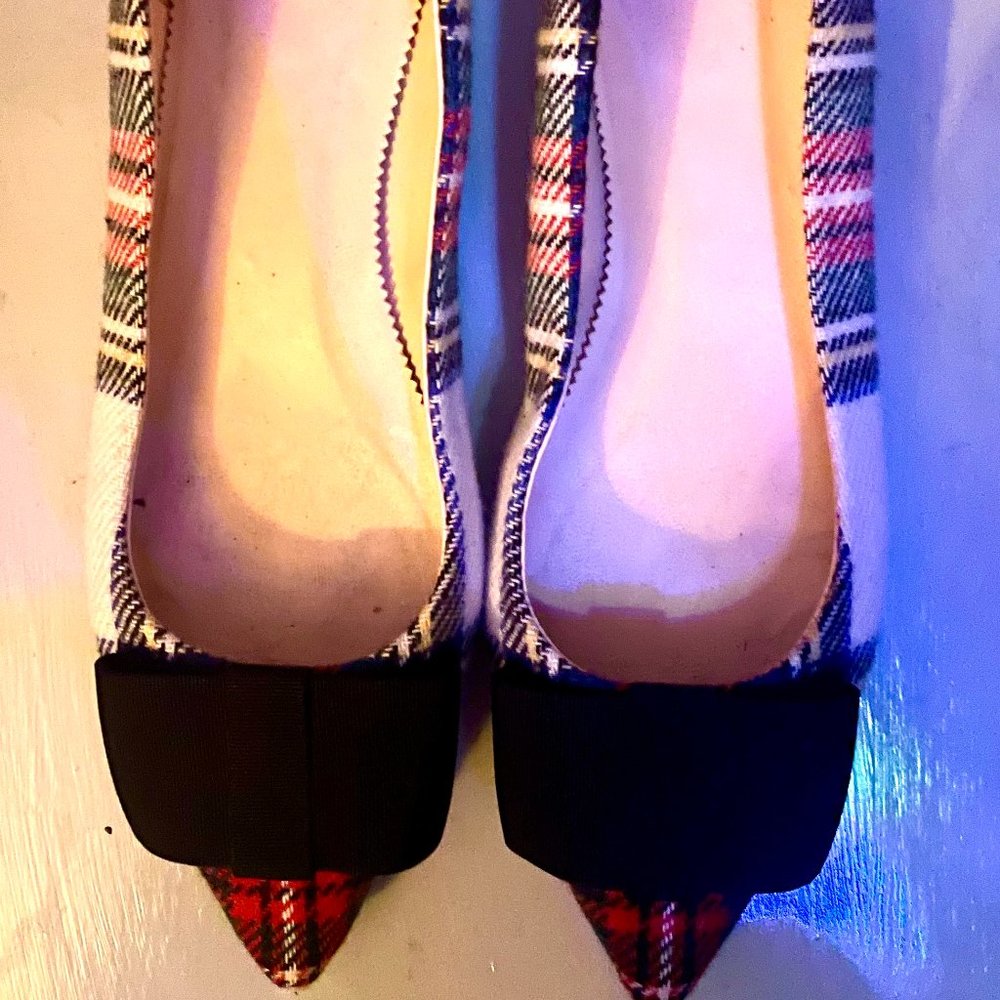 J. CREW Festive Plaid Stewart Tartan Flannel Pointy Toe Ballet Flats w/ Bow 7.5